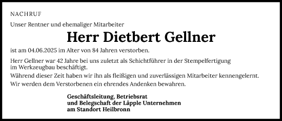 Traueranzeige von Dietbert Gellner von GESAMT
