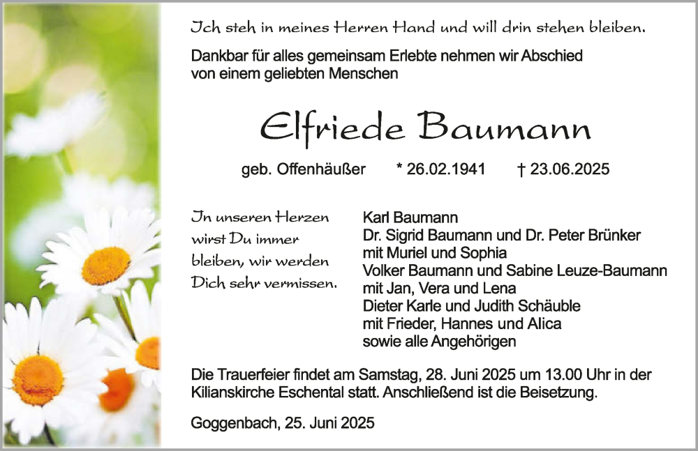  Traueranzeige für Elfriede Baumann vom 25.06.2025 aus GESAMT