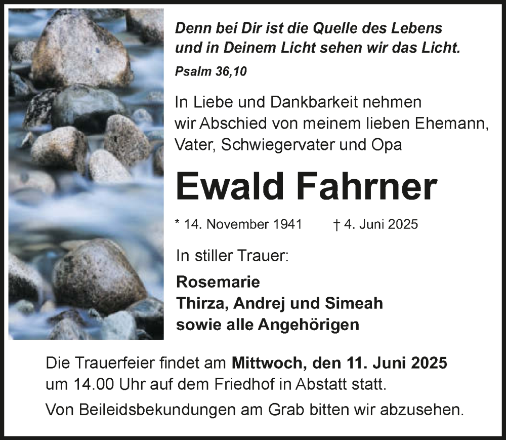  Traueranzeige für Ewald Fahrner vom 11.06.2025 aus GESAMT