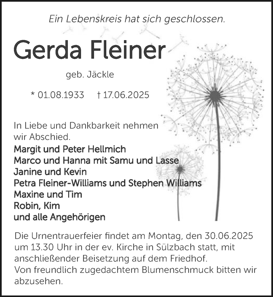  Traueranzeige für Gerda Fleiner vom 28.06.2025 aus GESAMT