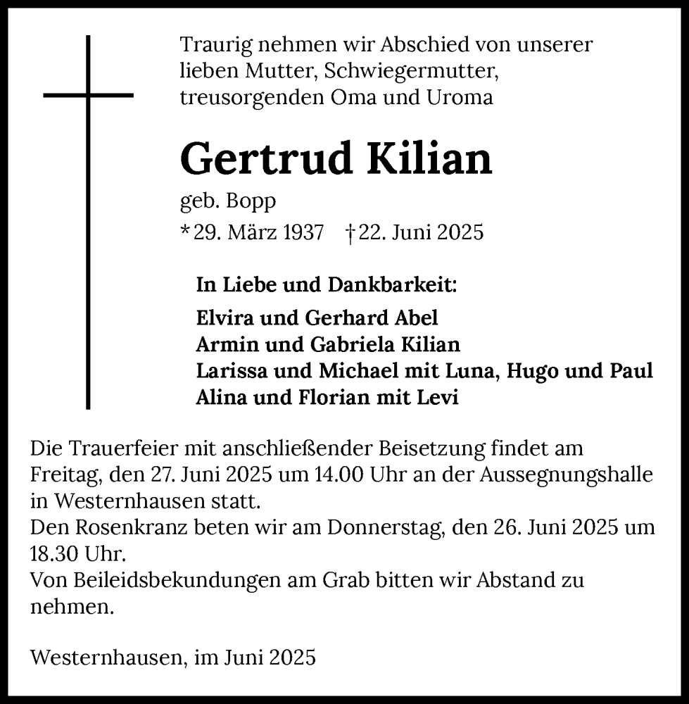  Traueranzeige für Gertrud Kilian vom 25.06.2025 aus GESAMT