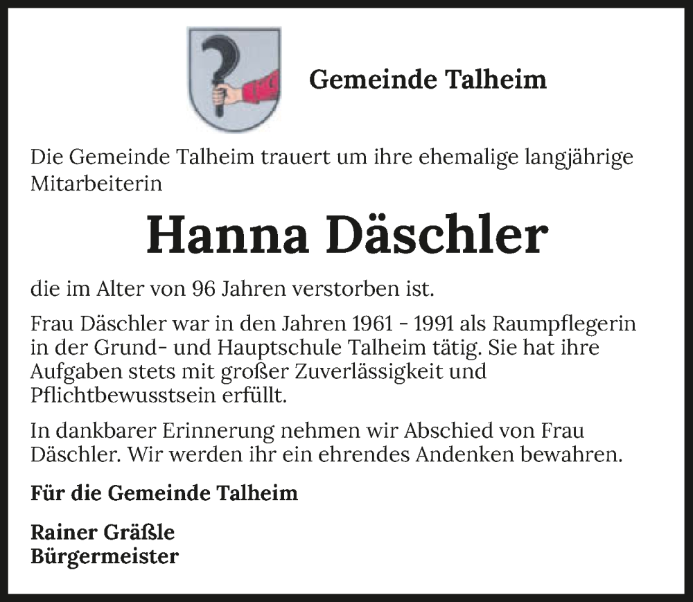  Traueranzeige für Hanna Däschler vom 28.06.2025 aus GESAMT