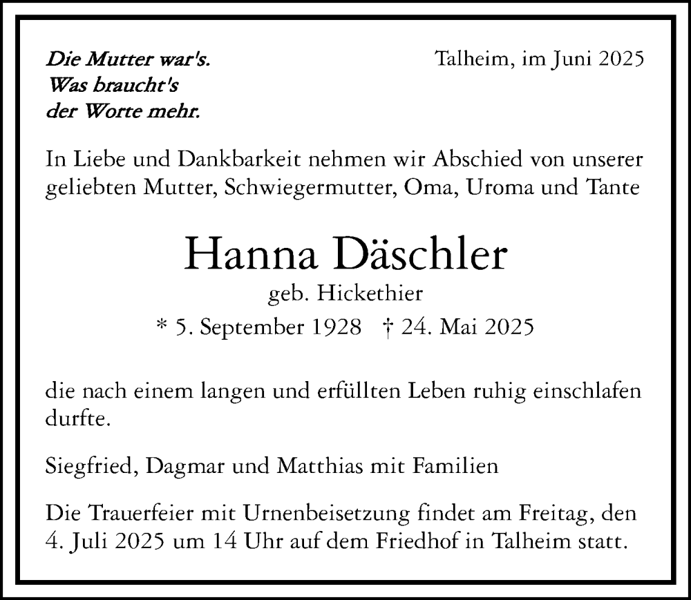  Traueranzeige für Hanna Däschler vom 28.06.2025 aus GESAMT