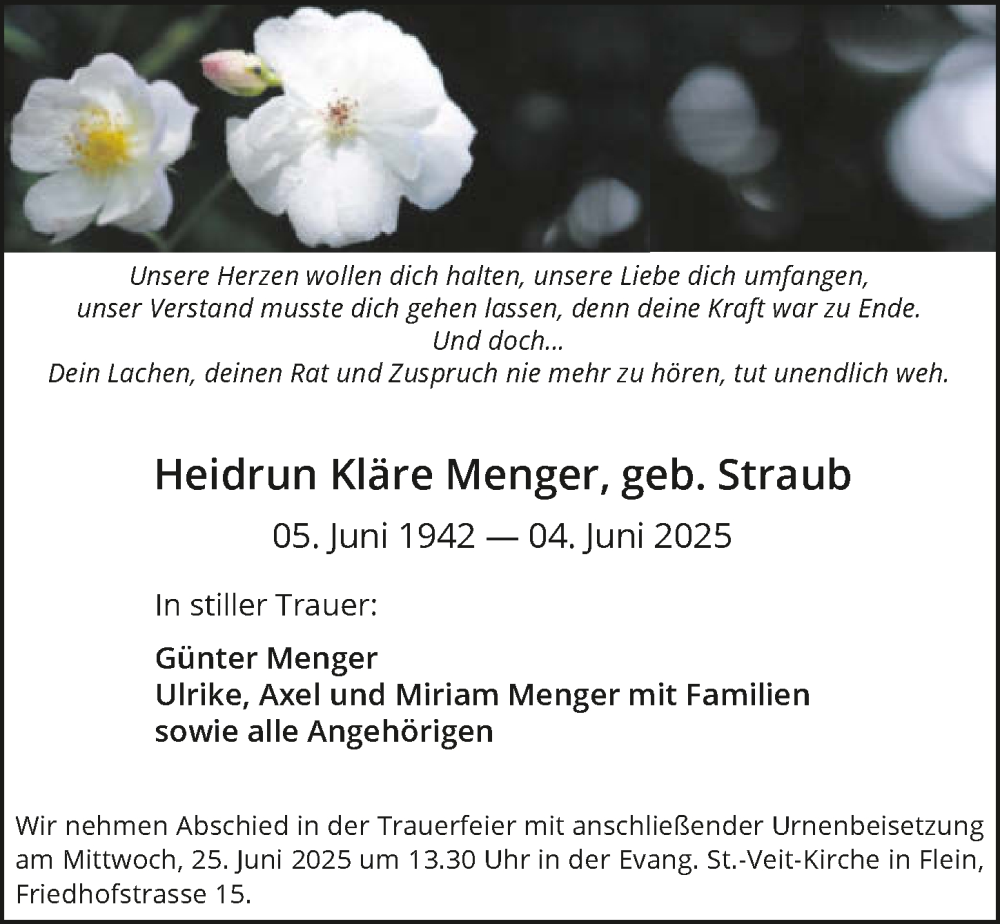  Traueranzeige für Heidrun Kläre Menger vom 18.06.2025 aus GESAMT