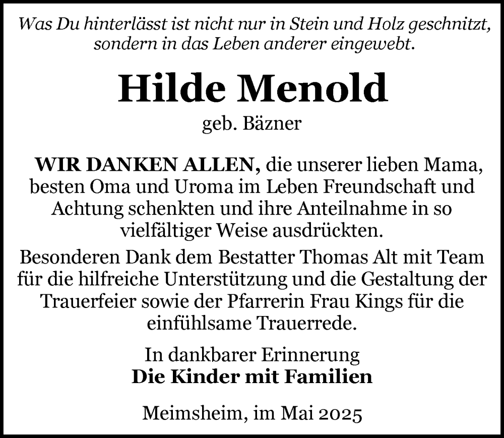  Traueranzeige für Hilde Menold vom 07.06.2025 aus GESAMT