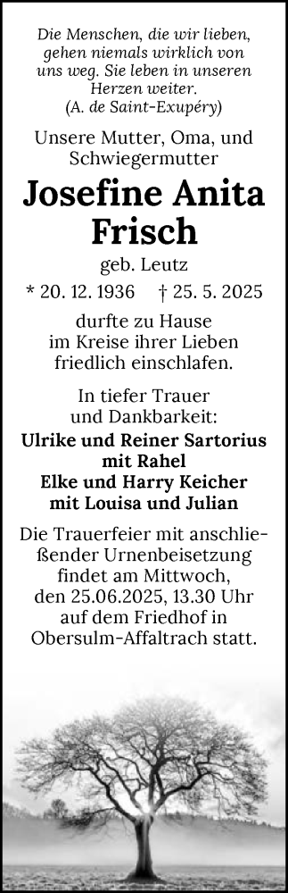 Traueranzeige von Josefine Anita Frisch von GESAMT