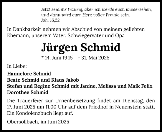 Traueranzeige von Jürgen Schmid von GESAMT
