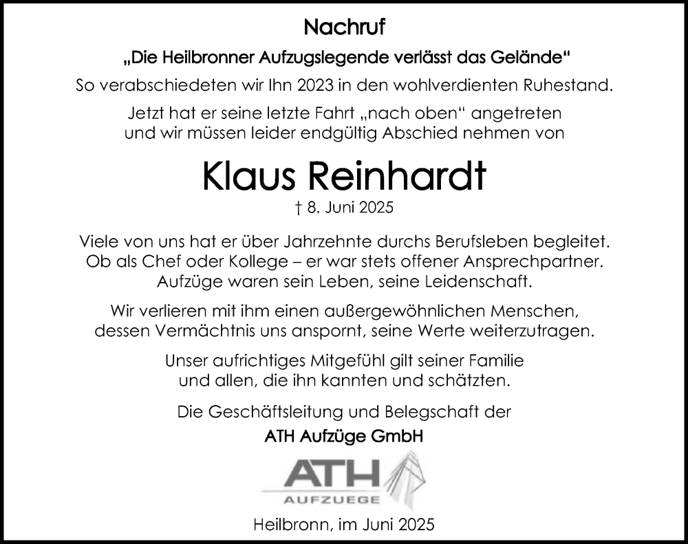  Traueranzeige für Klaus Reinhardt vom 28.06.2025 aus GESAMT