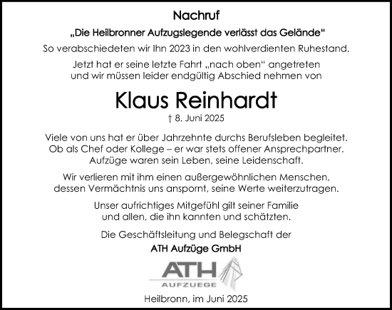 Traueranzeige von Klaus Reinhardt von GESAMT