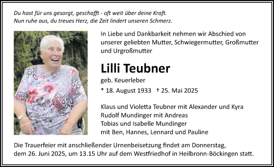Traueranzeige von Lilli Teubner von GESAMT