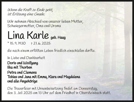 Traueranzeige von Lina Karle von GESAMT