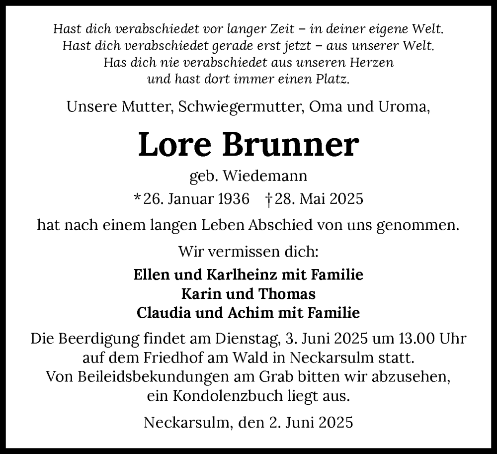  Traueranzeige für Lore Brunner vom 02.06.2025 aus GESAMT