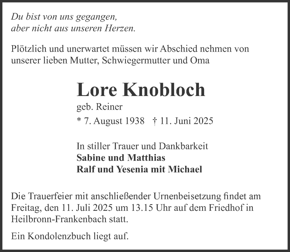  Traueranzeige für Lore Knobloch vom 21.06.2025 aus GESAMT