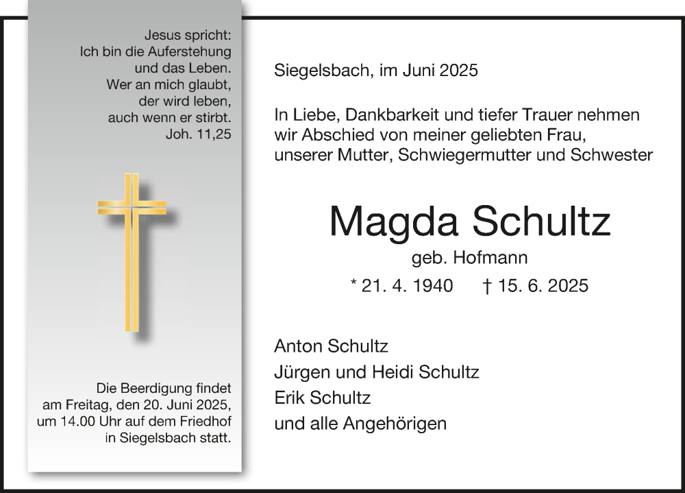  Traueranzeige für Magda Schultz vom 17.06.2025 aus GESAMT