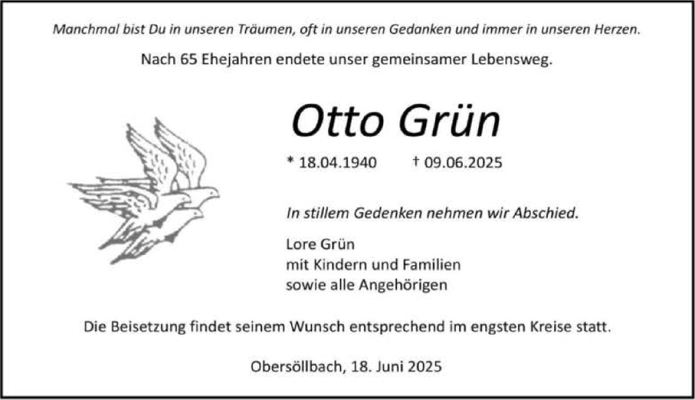 Traueranzeige für Otto Grün vom 18.06.2025 aus GESAMT