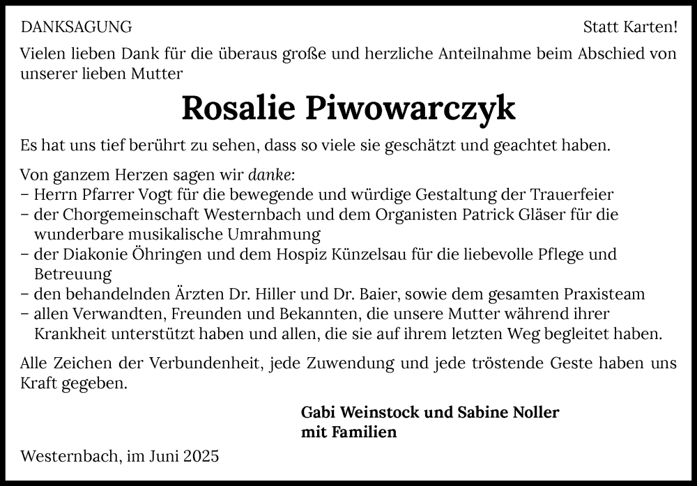  Traueranzeige für Rosalie Piwowarczyk vom 28.06.2025 aus GESAMT