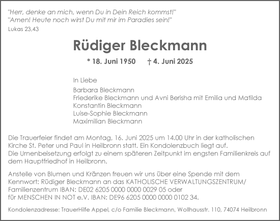 Traueranzeige von Rüdiger Bleckmann von GESAMT