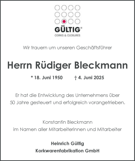 Traueranzeige von Rüdiger Bleckmann von GESAMT