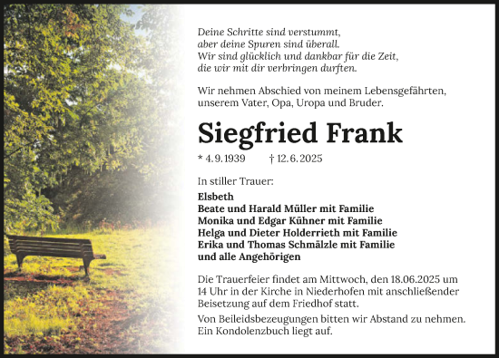 Traueranzeige von Siegfried Frank von GESAMT