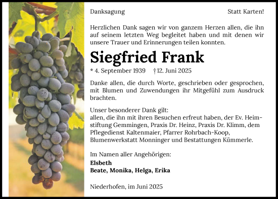 Traueranzeige von Siegfried Frank von GESAMT