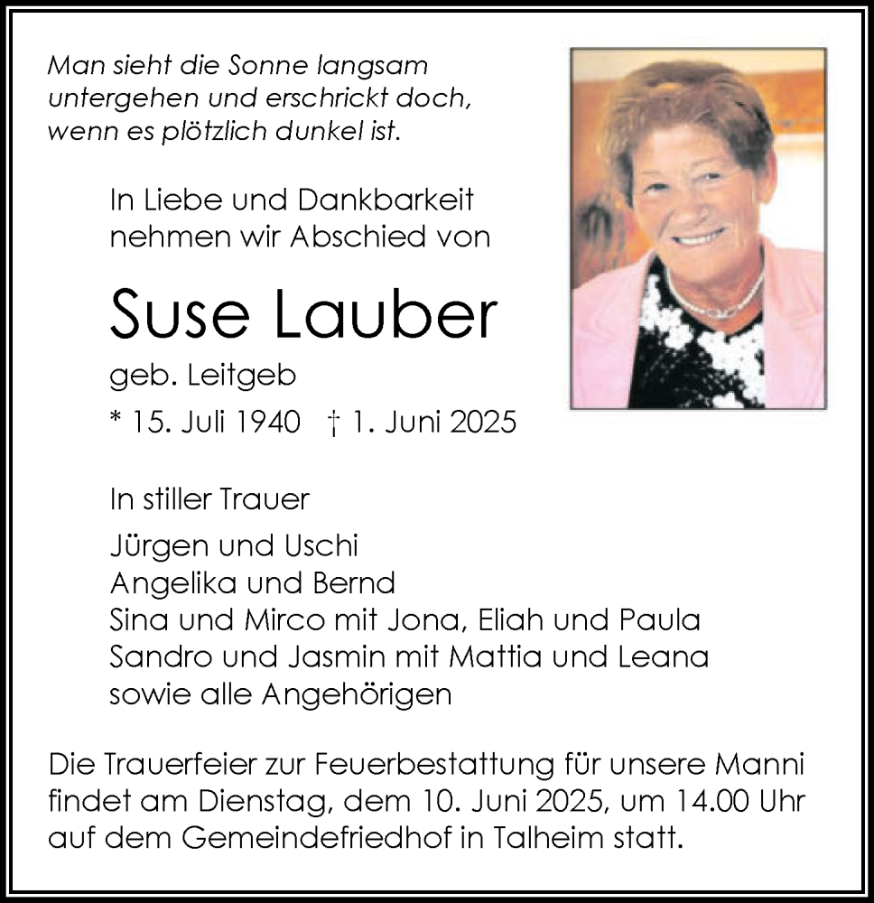  Traueranzeige für Suse Lauber vom 04.06.2025 aus GESAMT