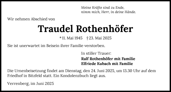 Traueranzeige von Traudel Rothenhöfer von GESAMT