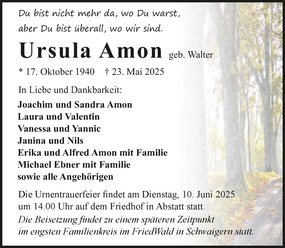  Traueranzeige für Ursula Amon vom 07.06.2025 aus GESAMT