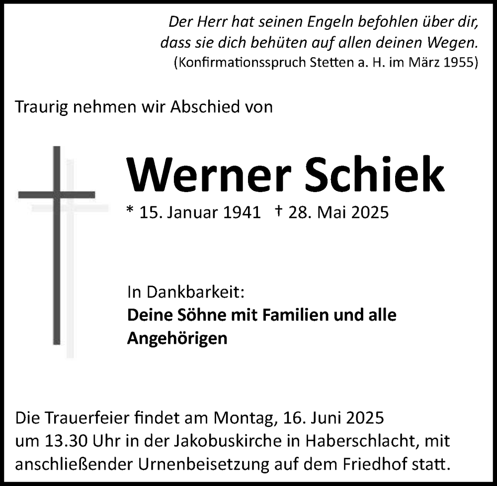  Traueranzeige für Werner Schiek vom 07.06.2025 aus GESAMT