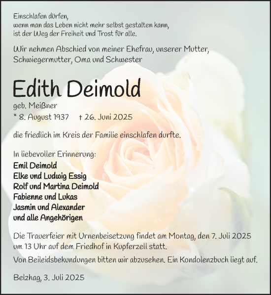 Traueranzeige von Edith Deimold 