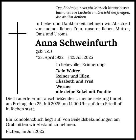 Traueranzeige von Anna Schweinfurth von GESAMT