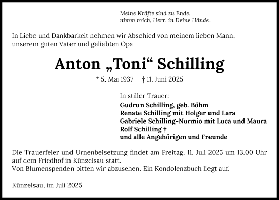 Traueranzeige von Anton Schilling von GESAMT