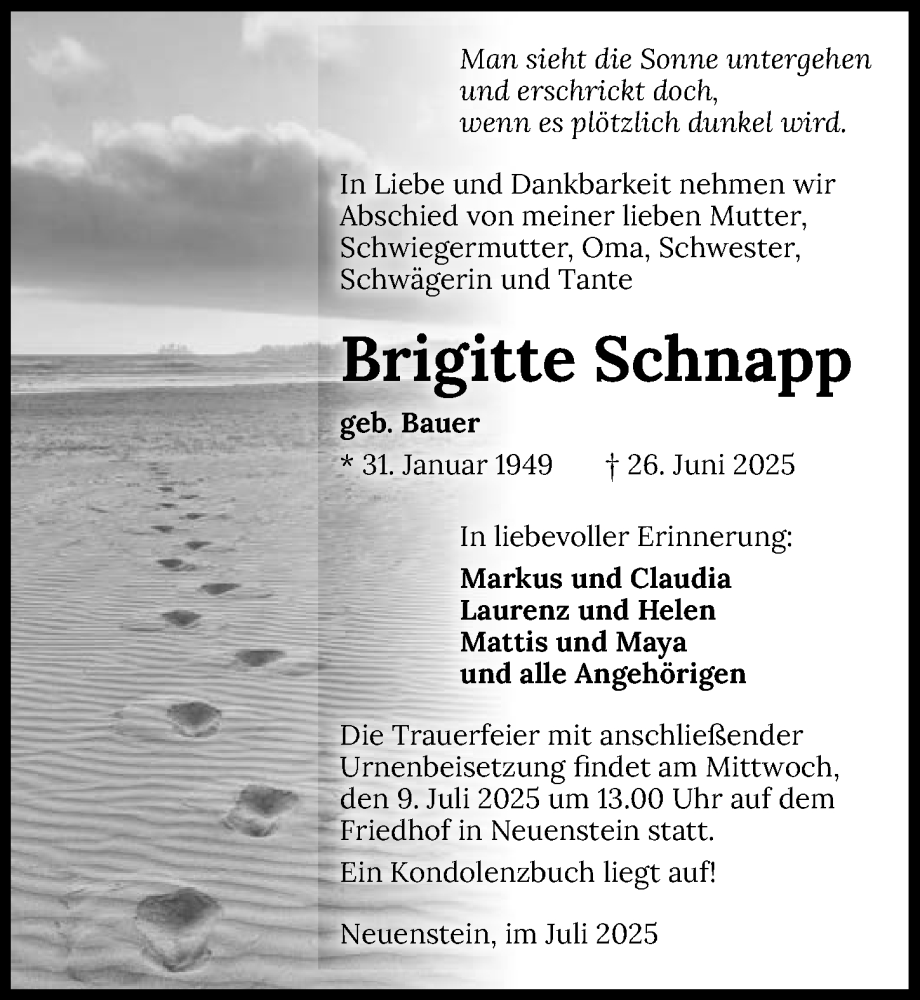  Traueranzeige für Brigitte Schnapp vom 05.07.2025 aus GESAMT