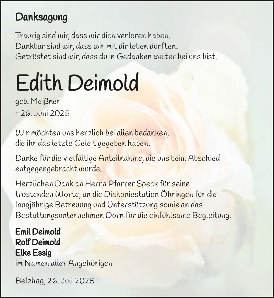  Traueranzeige für Edith Deimold vom 26.07.2025 aus GESAMT