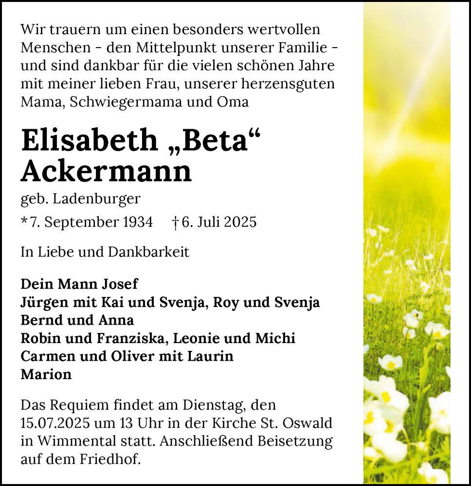  Traueranzeige für Elisabeth Ackermann vom 12.07.2025 aus GESAMT
