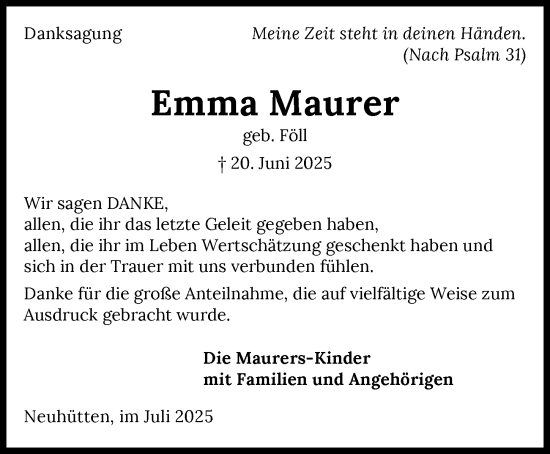 Traueranzeige von Emma Maurer von GESAMT