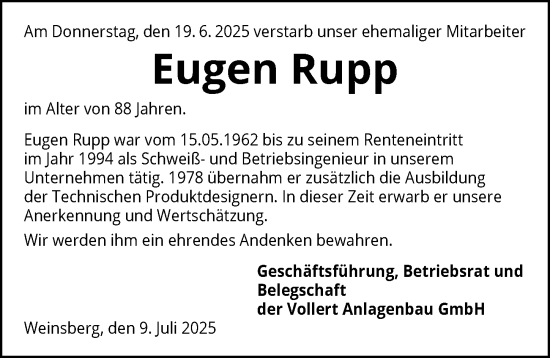 Traueranzeige von Eugen Rupp von GESAMT