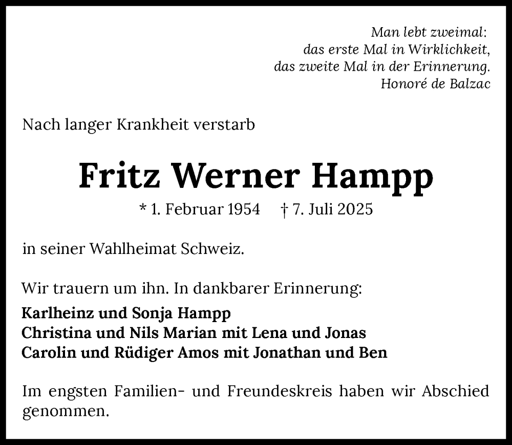  Traueranzeige für Fritz Werner Hampp vom 26.07.2025 aus GESAMT