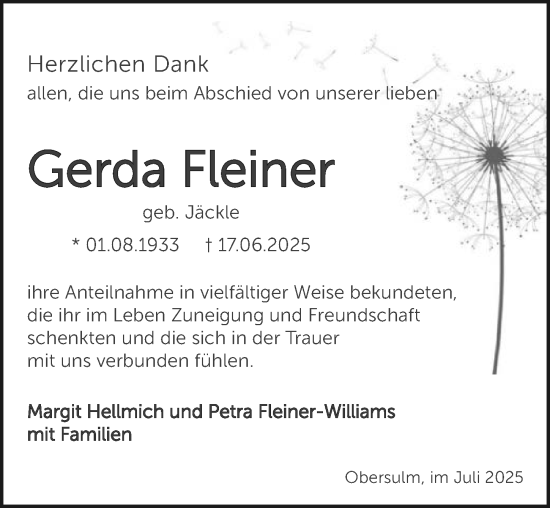 Traueranzeige von Gerda Fleiner von GESAMT
