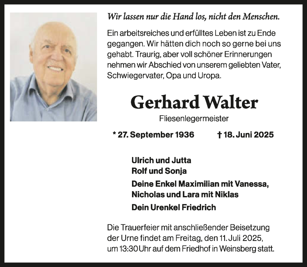  Traueranzeige für Gerhard Walter vom 05.07.2025 aus GESAMT