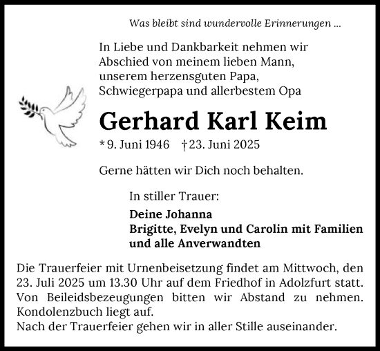 Traueranzeige von Gerhard Karl Keim von GESAMT