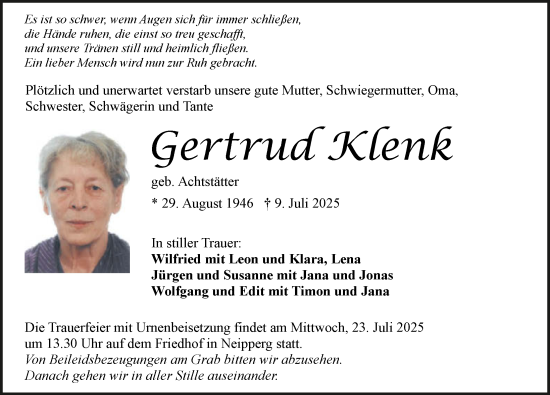 Traueranzeige von Gertrud Klenk von GESAMT