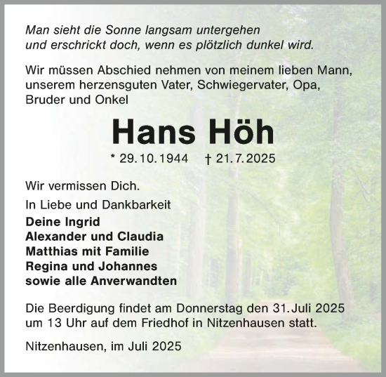 Traueranzeige von Hans Höh von GESAMT