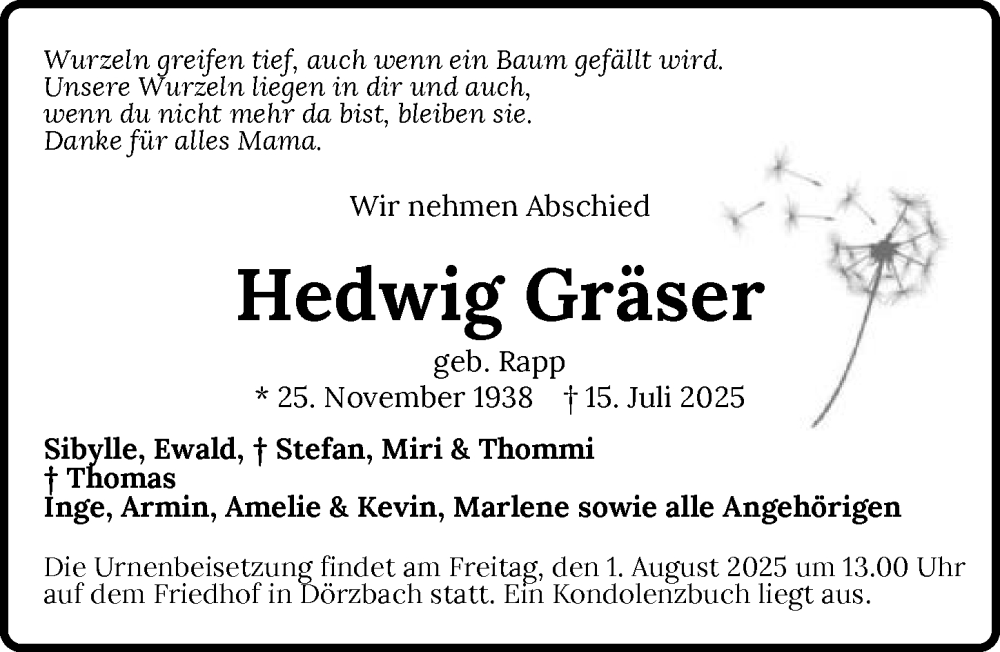  Traueranzeige für Hedwig Gräser vom 29.07.2025 aus GESAMT