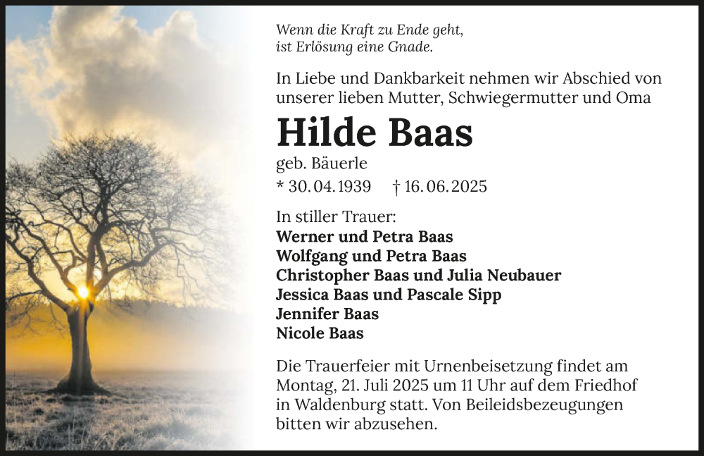  Traueranzeige für Hilde Baas vom 12.07.2025 aus GESAMT