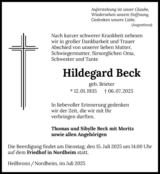 Traueranzeige von Hildegard Beck von GESAMT