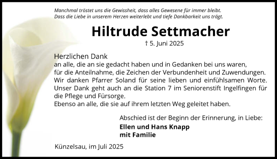 Traueranzeige von Hiltrude Settmacher von GESAMT