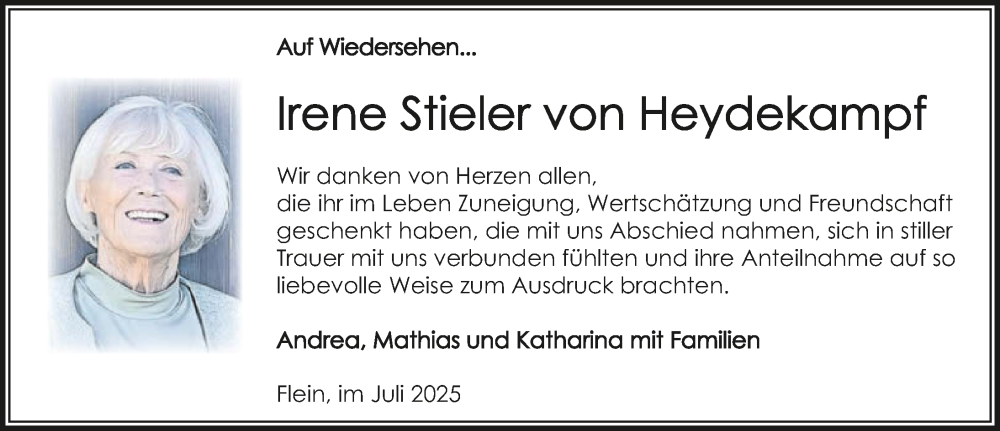  Traueranzeige für Irene Stieler von Heydekampf vom 12.07.2025 aus GESAMT
