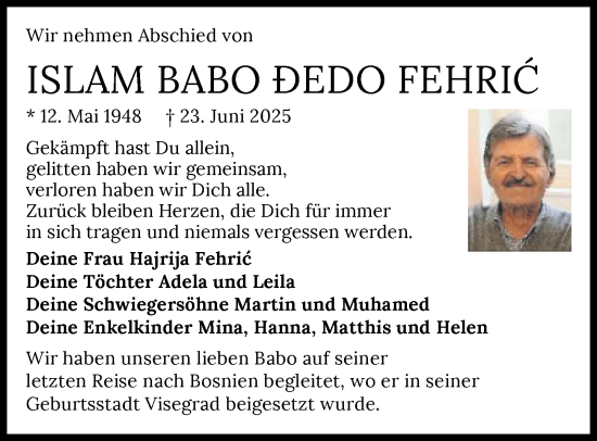 Traueranzeige von Islam Babo Dedo Fehric von GESAMT