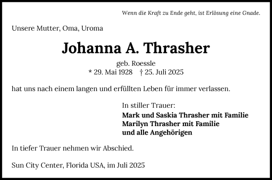 Traueranzeige von Johanna A. Thrasher von GESAMT
