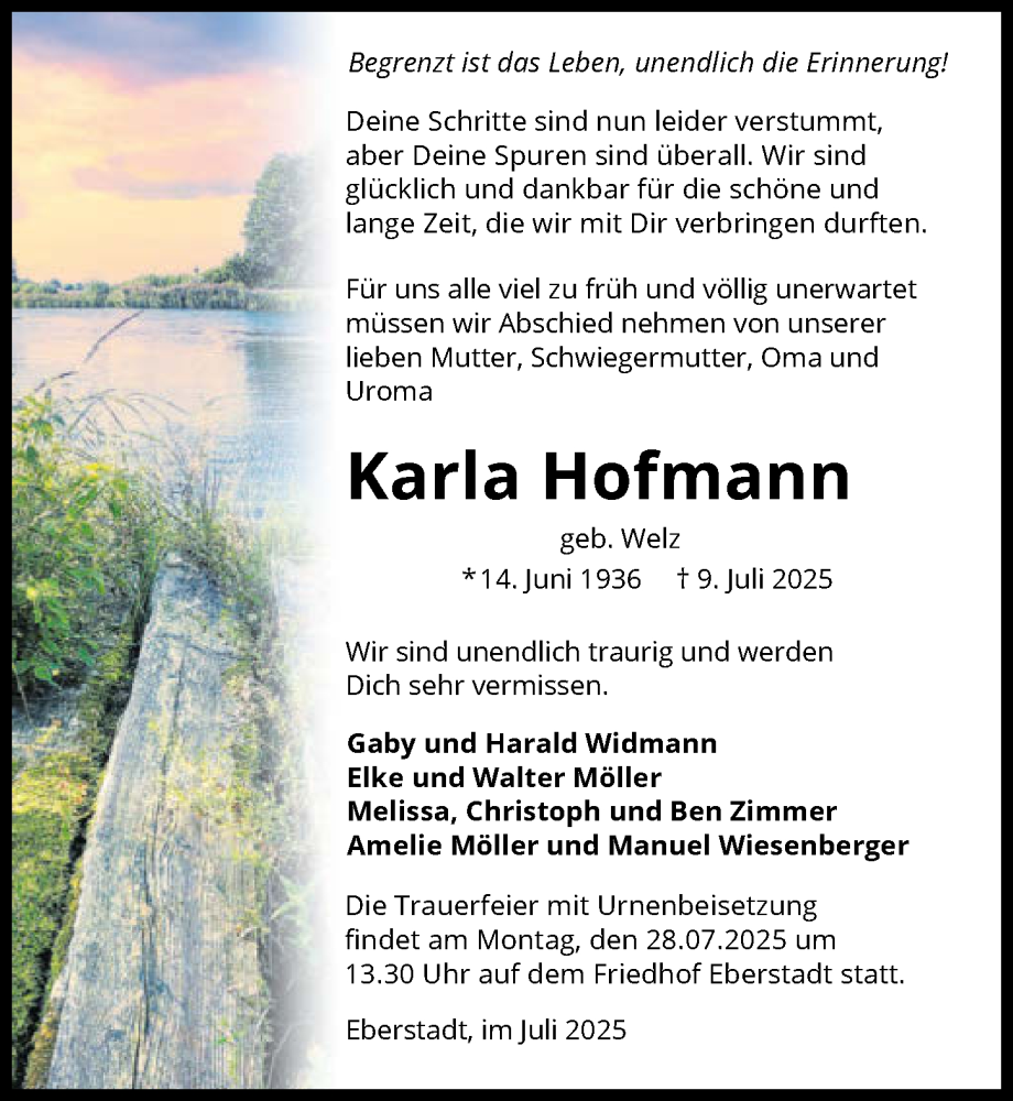  Traueranzeige für Karla Hofmann vom 19.07.2025 aus GESAMT